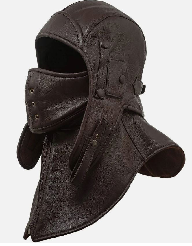 Real Brown Leather Aviator Cap - Detachable Face Cover, Vintage Flight Hood