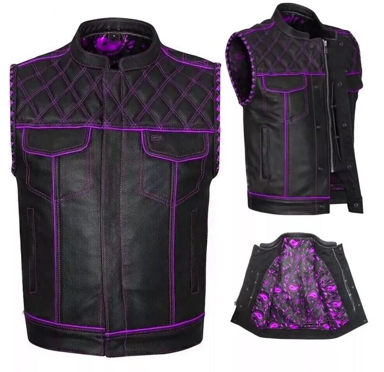 Men's Black Leather Biker Vest: Purple Lining Motorcycle Waistcoat