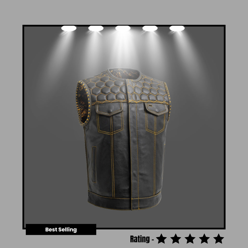 Men's Leather Vest Yellow paisley lining & Yellow Thread Concealed Waistcoat