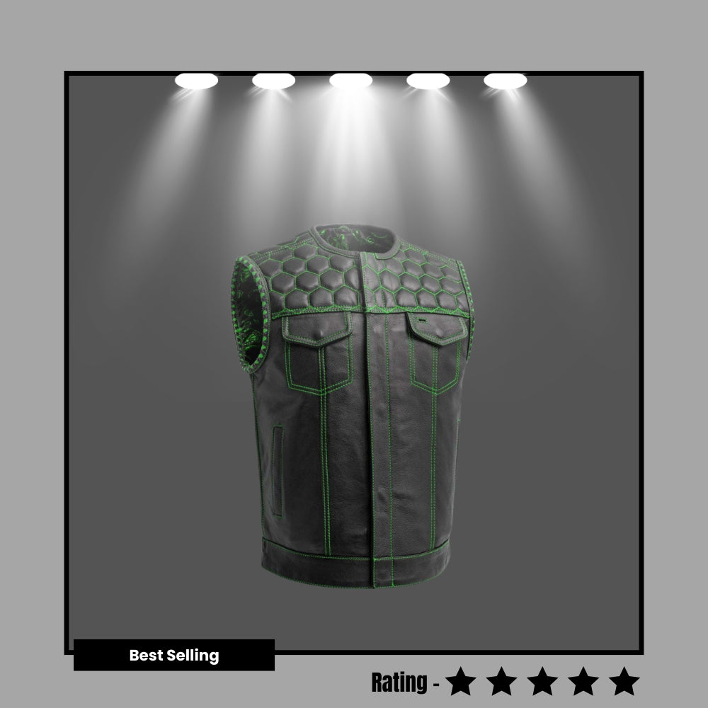 Men's Leather Vest Green paisley lining & Green Thread Concealed Waistcoat