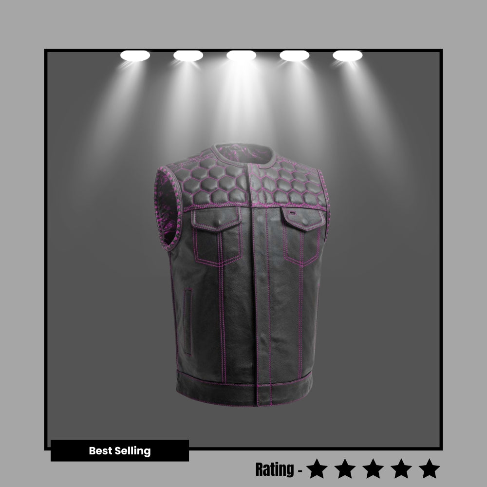 Men's Leather Vest Purple paisley lining & Purple Thread Concealed Waistcoat