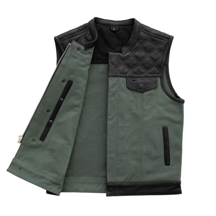 Hunt Club Motorcycle Leather Canvas Vest Green Men Biker Waistcoat Riding Gear