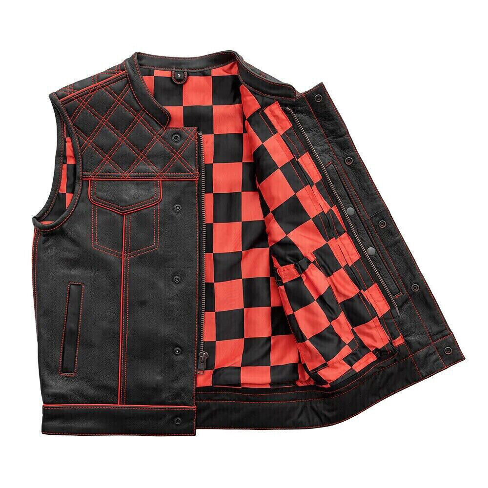 Men's Black Leather Vest Yellow & Black Checker Inner Motorbike Riding Waistcoat