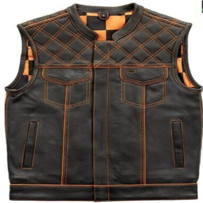 Men's Black Leather Vest Orange & Black Checker Inner Motorbike Riding Waistcoat