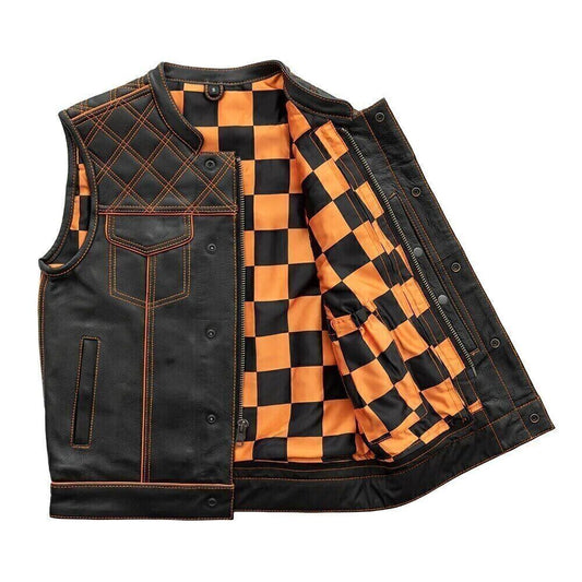 Men's Black Leather Vest Orange & Black Checker Inner Motorbike Riding Waistcoat