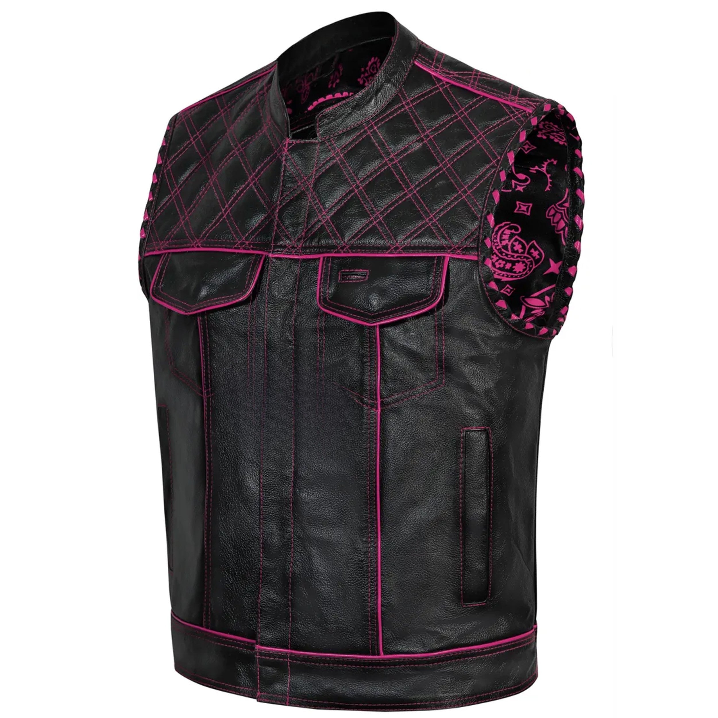 Diamond Quilted Leather Biker Vest: Black & Pink Hunt Club Waistcoat
