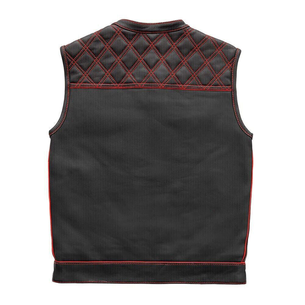 Women's Black Leather Vest Yellow & Black Checker Inner Motorbike Riding Waistcoat