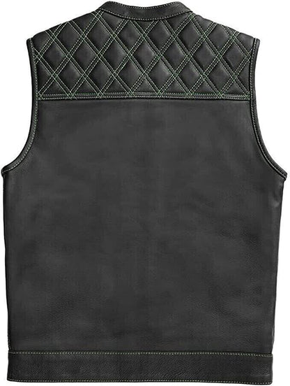 Men's Leather Vest With Green-White Paisley Lining Motorcycle Concealed Waistcoat