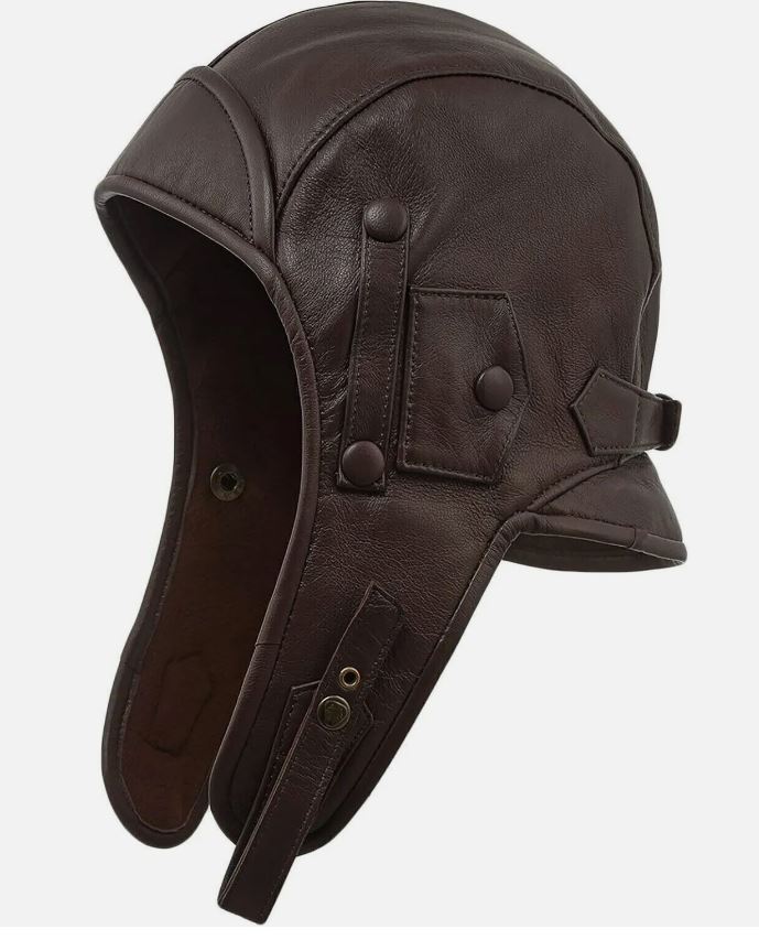 Real Brown Leather Aviator Cap - Detachable Face Cover, Vintage Flight Hood