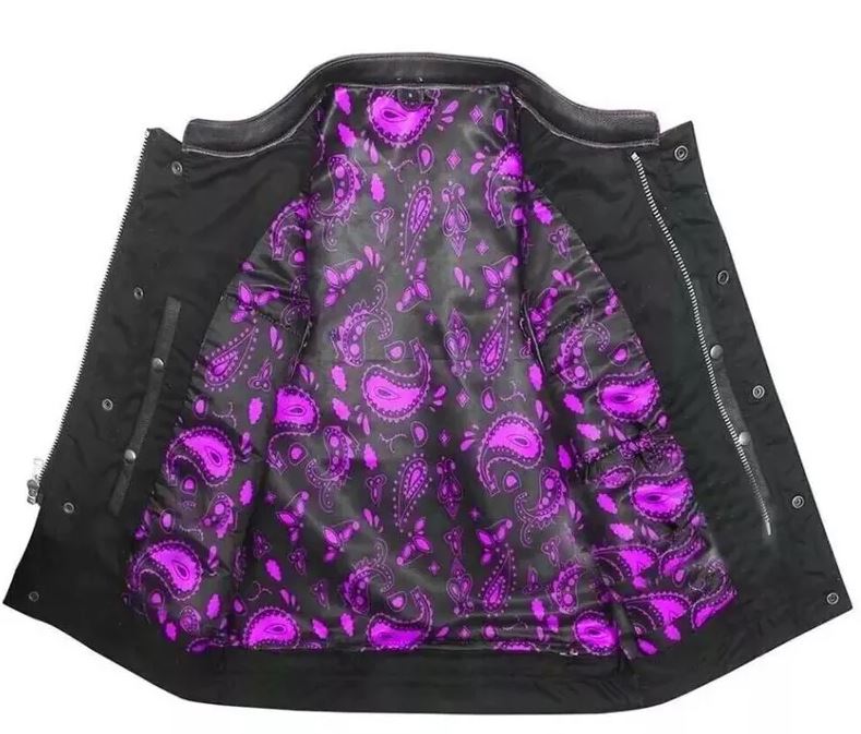 Men's Black Leather Biker Vest: Purple Lining Motorcycle Waistcoat