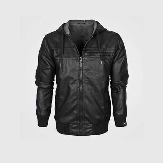 Men’s Black Leather Fashion Style Bomber Jacket with Hood