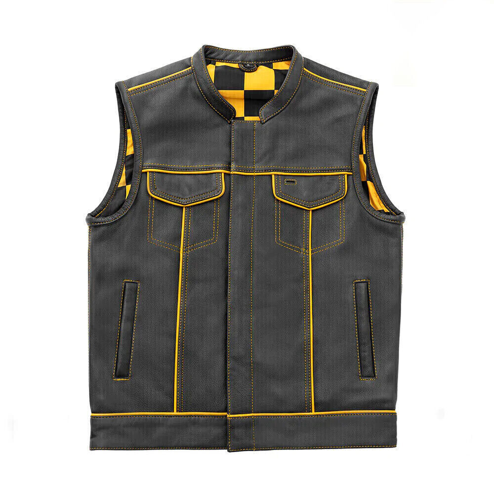 Men's Black Leather Vest Yellow & Black Checker Inner Motorbike Riding Waistcoat