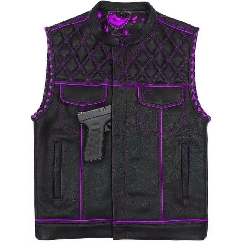 Men's Black Leather Biker Vest: Purple Lining Motorcycle Waistcoat