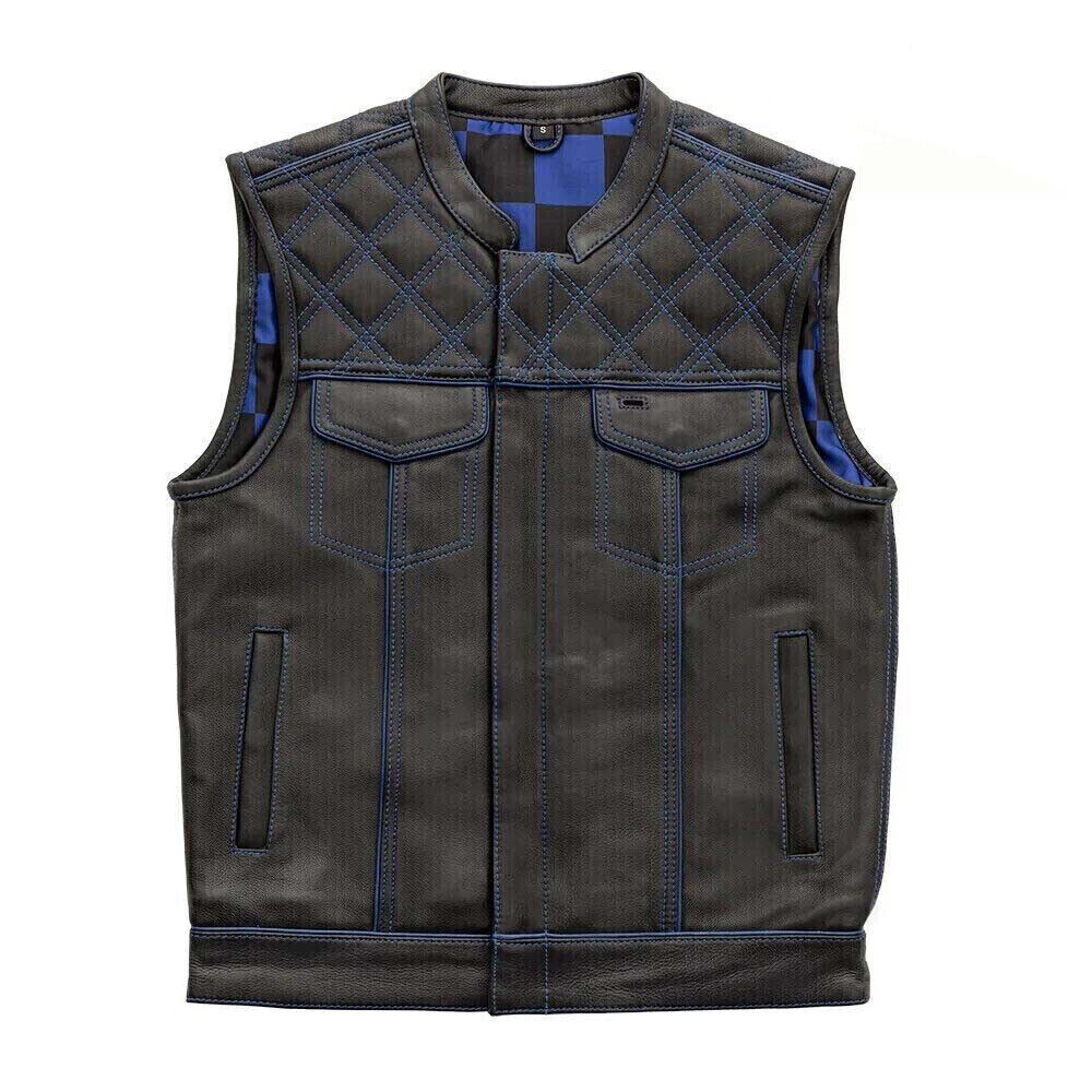 Women's Black Leather Vest Blue & Black Checker Inner Motorbike Riding Waistcoat