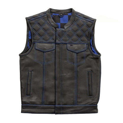 Men's Black Leather Vest Blue & Black Checker Inner Motorbike Riding Waistcoat