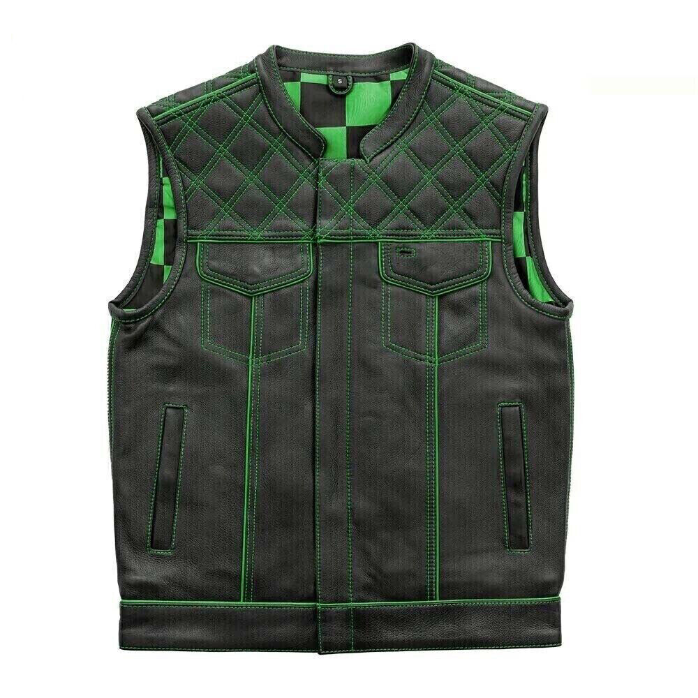 Men's Black Leather Vest  Green & Black Checker Inner Motorbike Riding Waistcoat