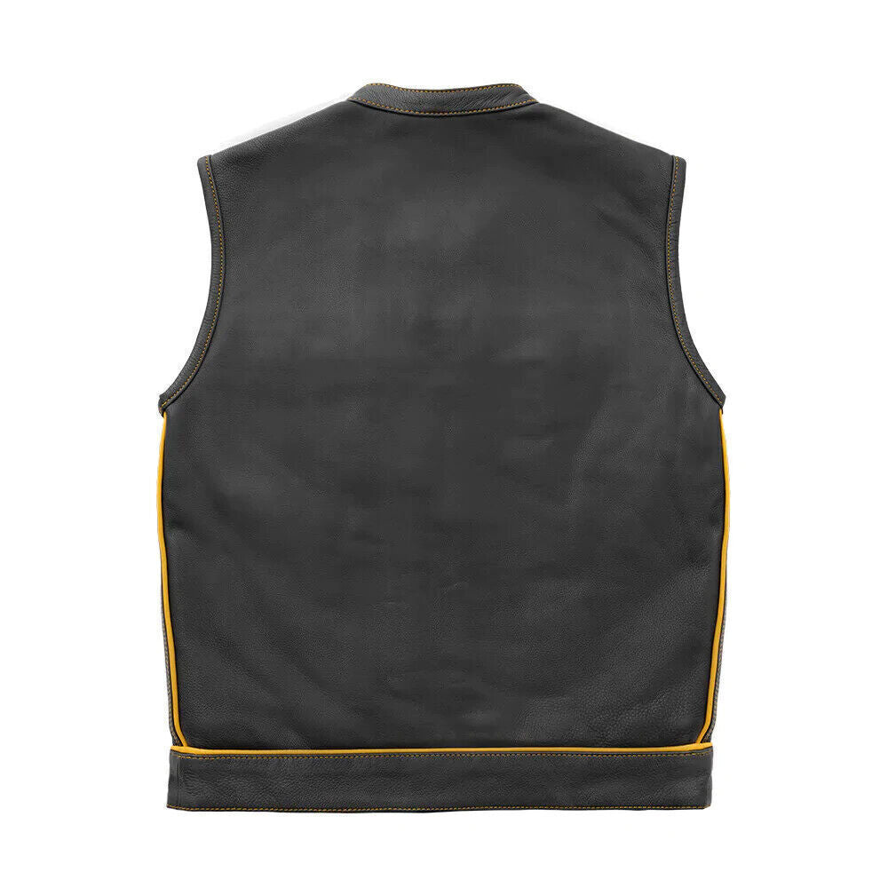 Men's Black Leather Vest Yellow & Black Checker Inner Motorbike Riding Waistcoat