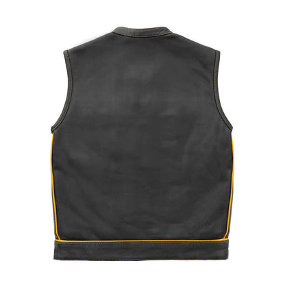 Men's Black Leather Vest Yellow & Black Checker Inner Motorbike Riding Waistcoat