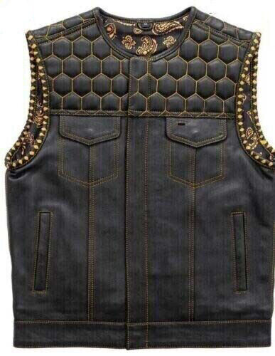 Men's Leather Vest With Black-Yellow Paisley Inner Lining Motorcycle Concealed Waistcoat