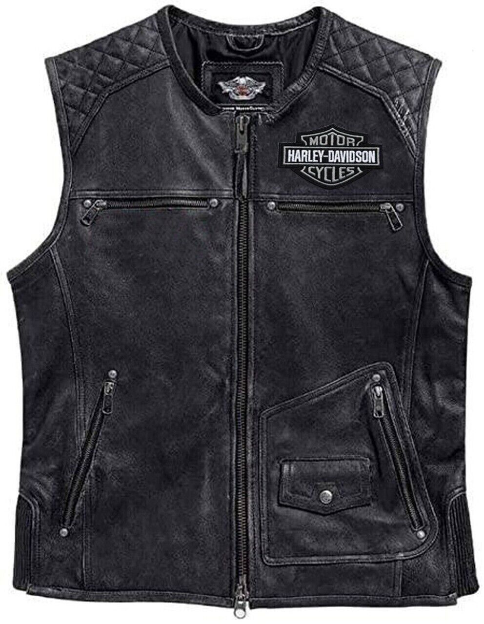 Harley Davidson Men's Genuine Leather Black Biker Vest Leather Jacket Moto Café