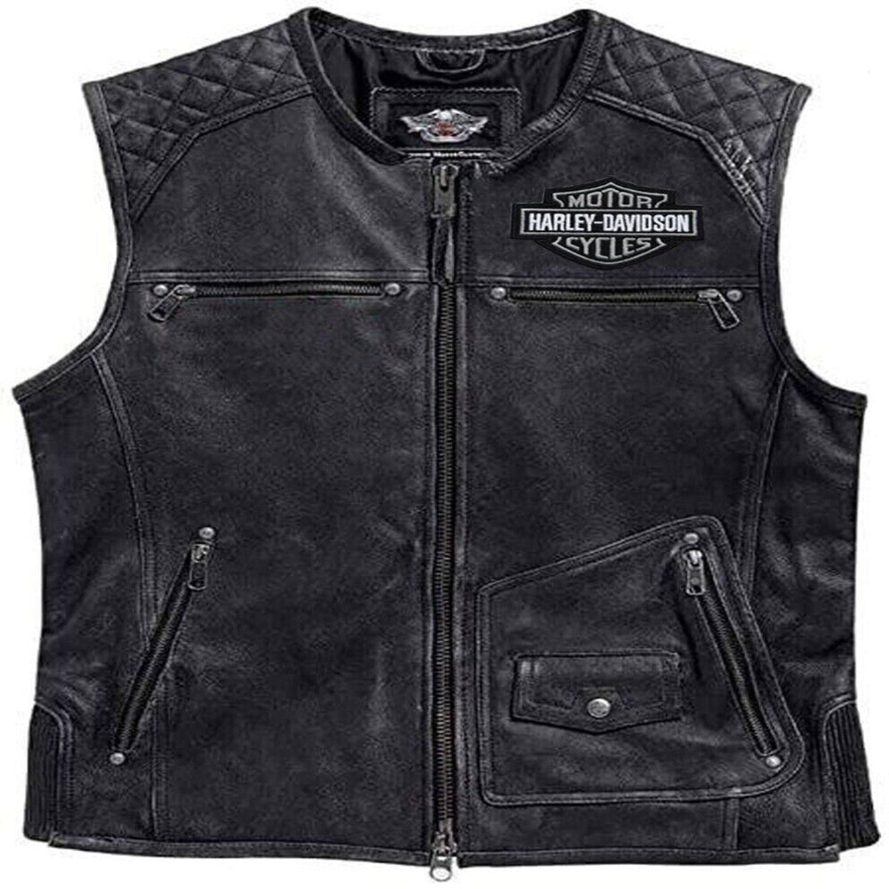 Harley Davidson Men Genuine Leather Black Biker Vest Leather Jacket Moto Café