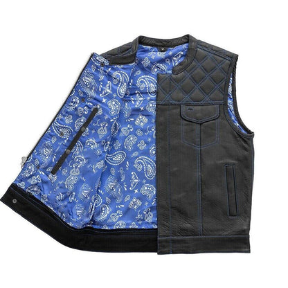 Men's Leather Vest With Blue-White Paisley Inner Lining Motorcycle Concealed Waistcoat