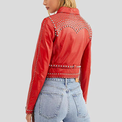 Womens Studded Red Cropped Leather Jacket