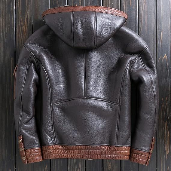 Men’s Brown Bomber Winter Jacket - Genuine Sheepskin Leather, Faux Fur Lined, Hooded Streetwear Coat.
