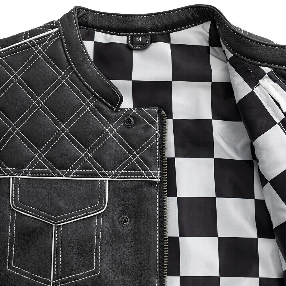 Women's Black Leather Vest White & Black Checker Inner Motorbike Riding Waistcoat