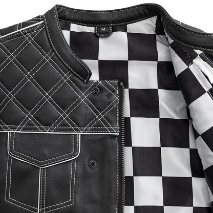 Men's Black Leather Vest White & Black Checker Inner Motorbike Riding Waistcoat