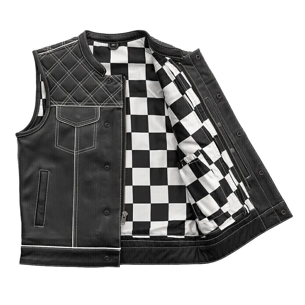 Women's Black Leather Vest White & Black Checker Inner Motorbike Riding Waistcoat