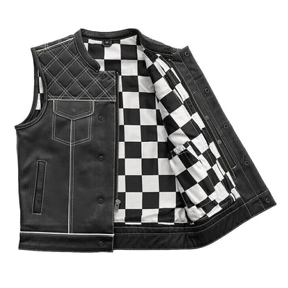 Men's Black Leather Vest White & Black Checker Inner Motorbike Riding Waistcoat