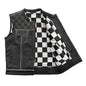 Men's Black Leather Vest White & Black Checker Inner Motorbike Riding Waistcoat