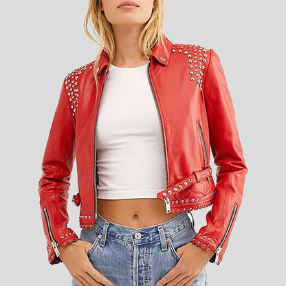 Womens Studded Red Cropped Leather Jacket