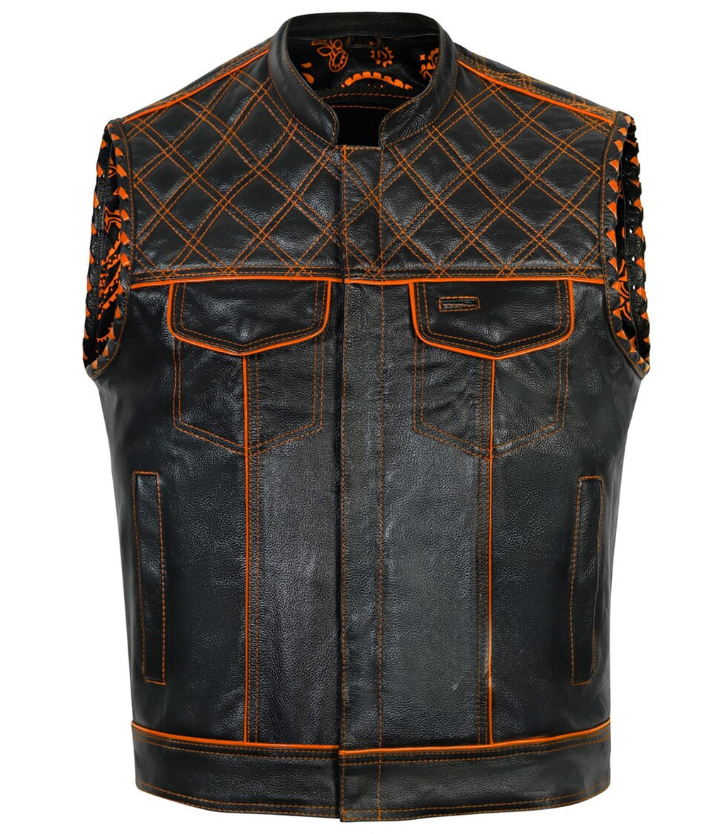 Handmade Diamond Quilted Leather Biker Vest Men's Club Style