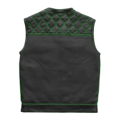 Men's Black Leather Vest  Green & Black Checker Inner Motorbike Riding Waistcoat