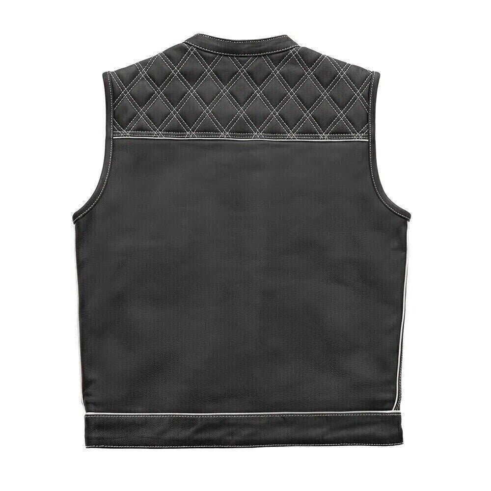 Women's Black Leather Vest White & Black Checker Inner Motorbike Riding Waistcoat