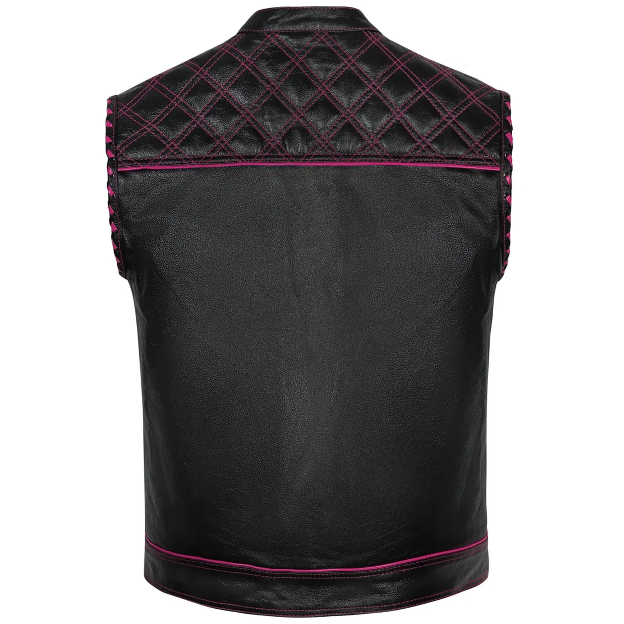 Diamond Quilted Leather Biker Vest: Black & Pink Hunt Club Waistcoat