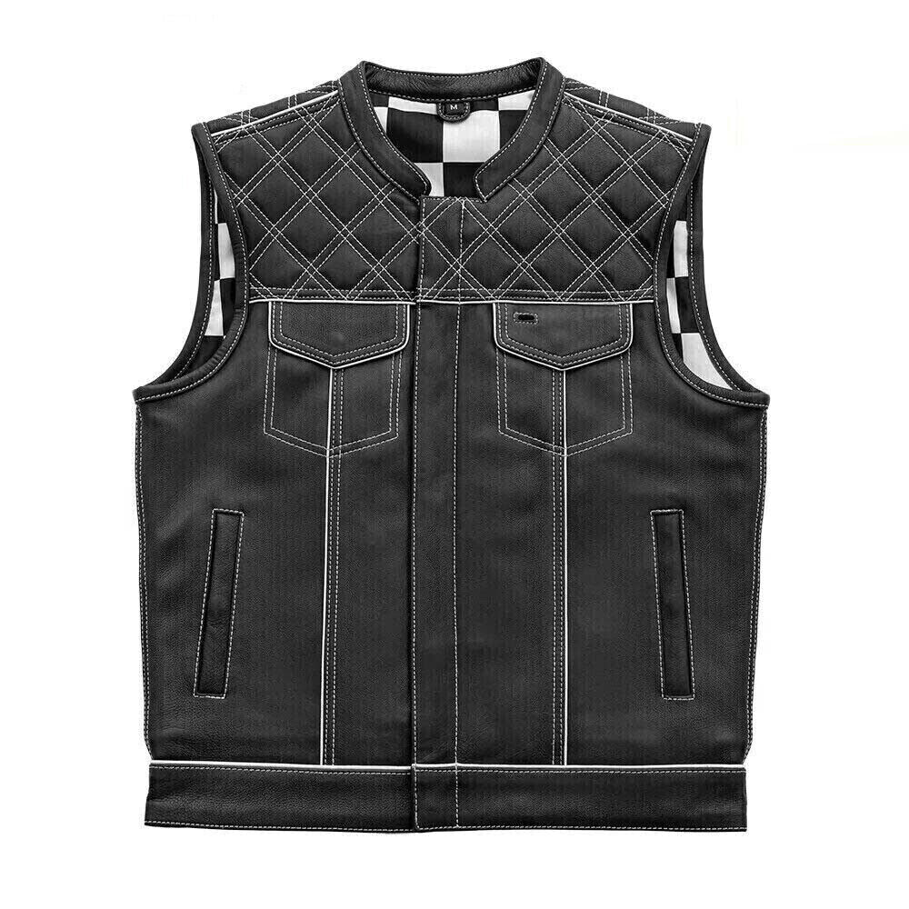 Women's Black Leather Vest White & Black Checker Inner Motorbike Riding Waistcoat