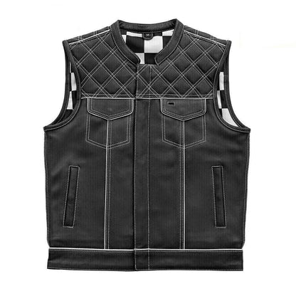 Men's Black Leather Vest White & Black Checker Inner Motorbike Riding Waistcoat