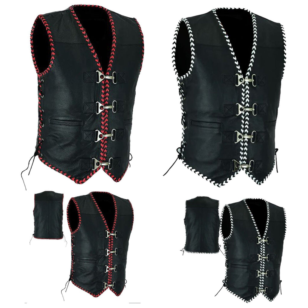 Genuine Calf Leather Australia Womens Rider Leather Motorcycle Vest Black/White