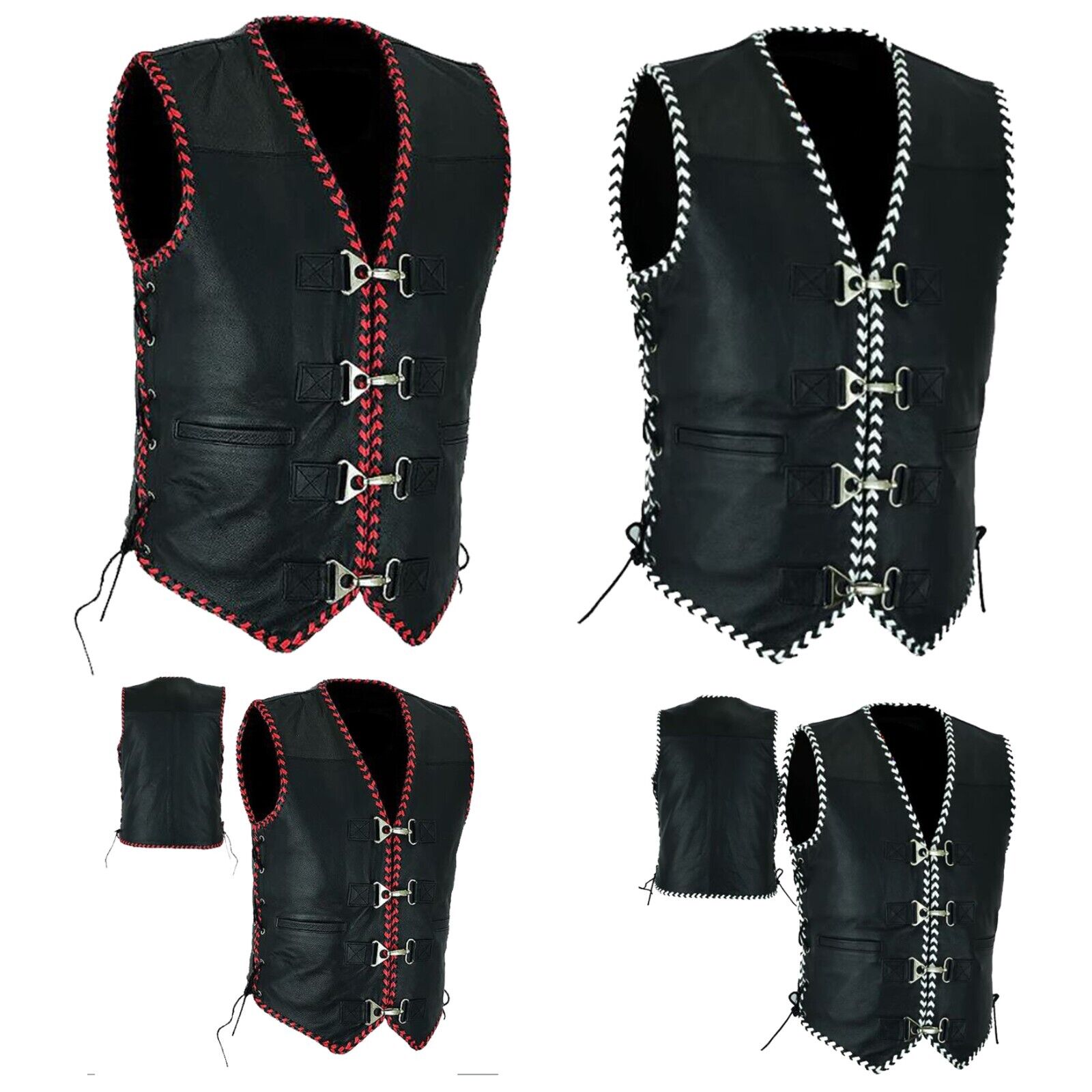 Genuine Calf Leather Australia Womens Rider Leather Motorcycle Vest Black/White