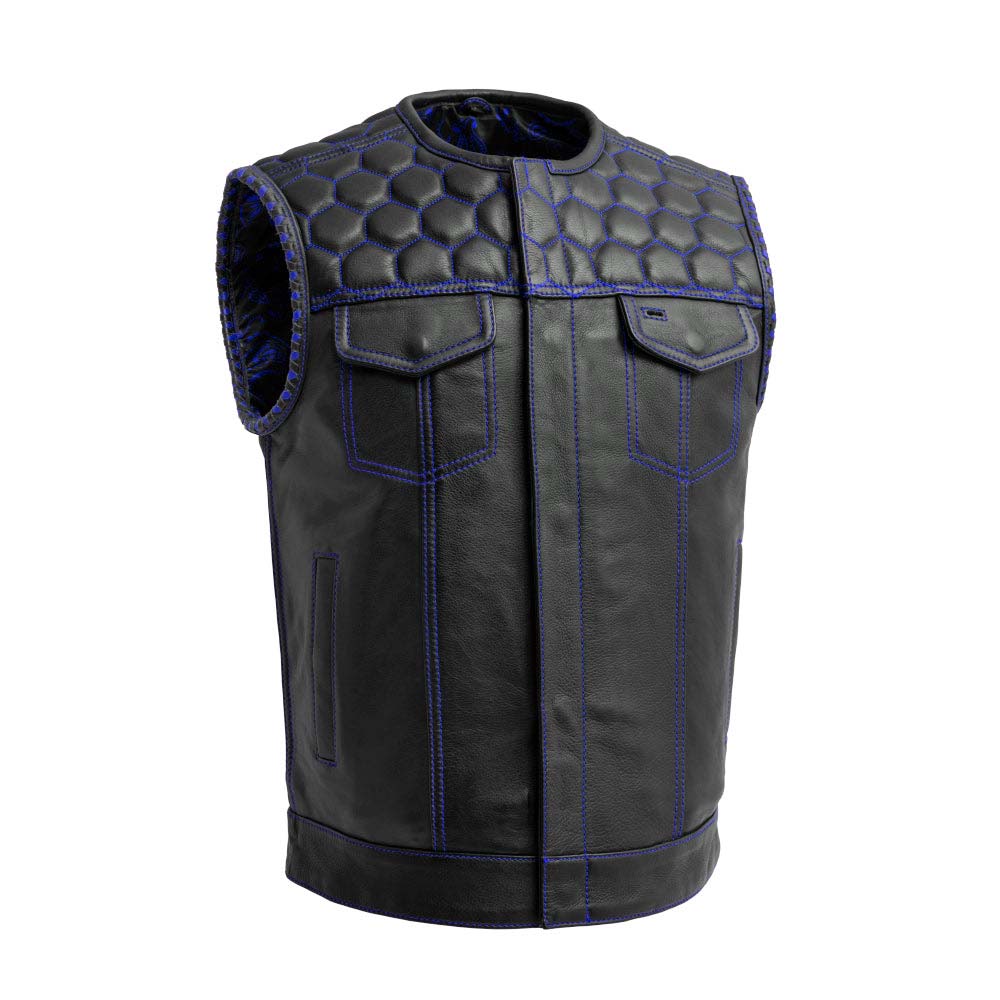 Men's Leather Vest Blue paisley lining & Blue Thread Concealed Waistcoat