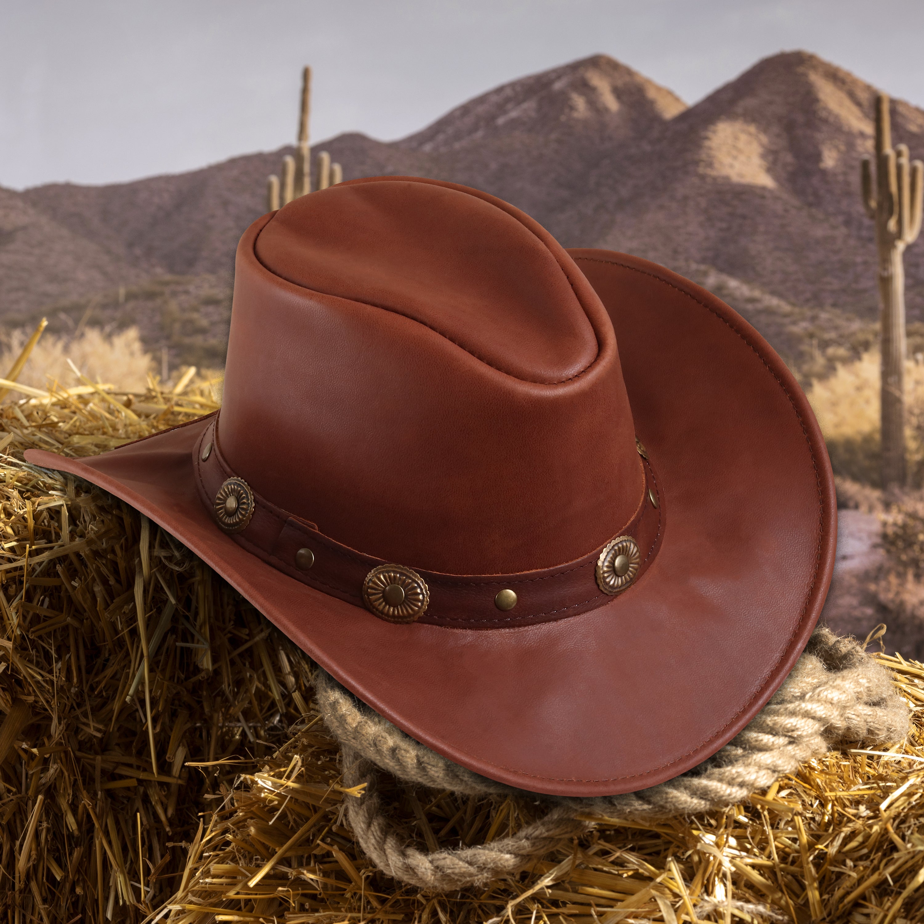 Brown Leather Cowboy Hat – Western Cattleman Style with Concho Band