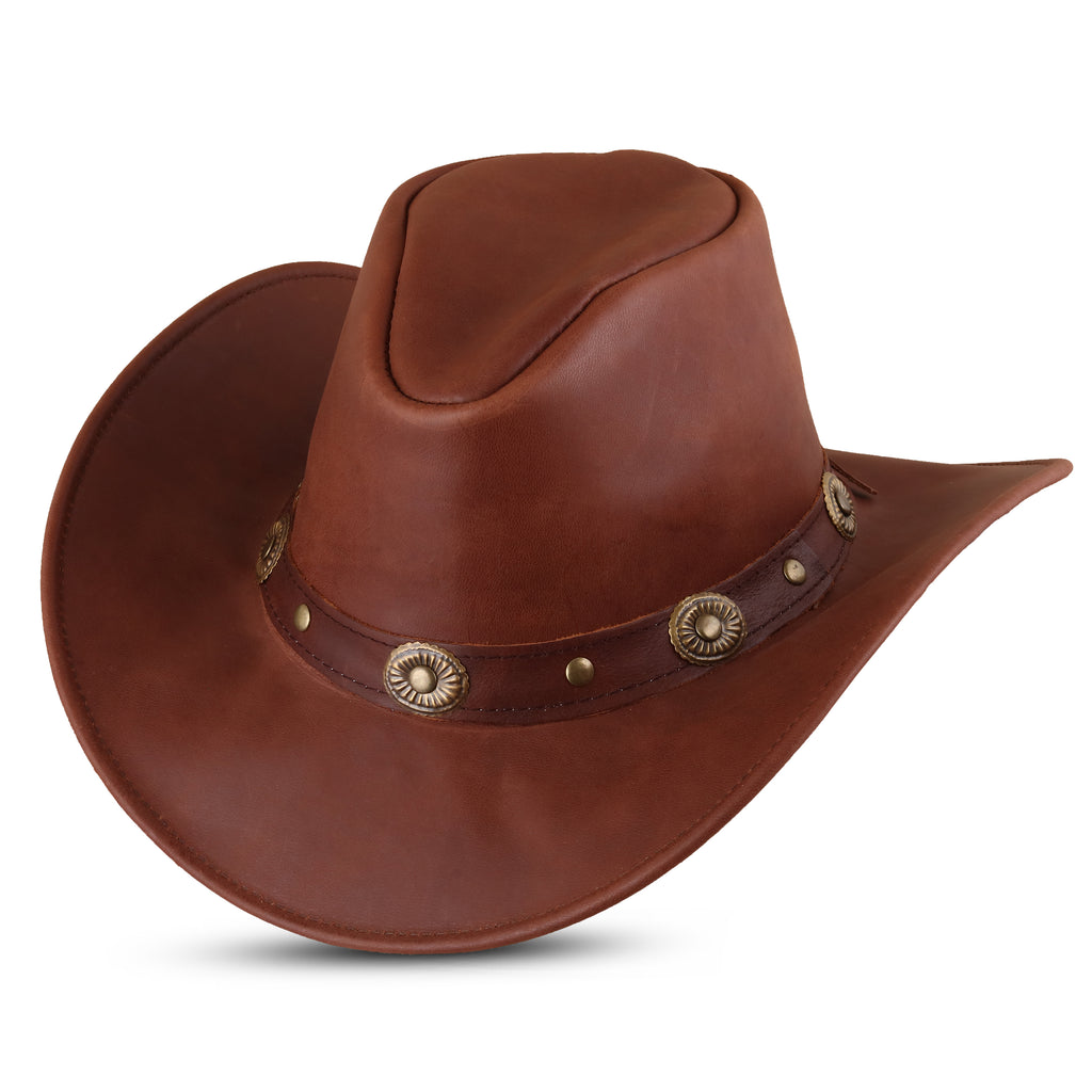 Brown Leather Cowboy Hat – Western Cattleman Style with Concho Band