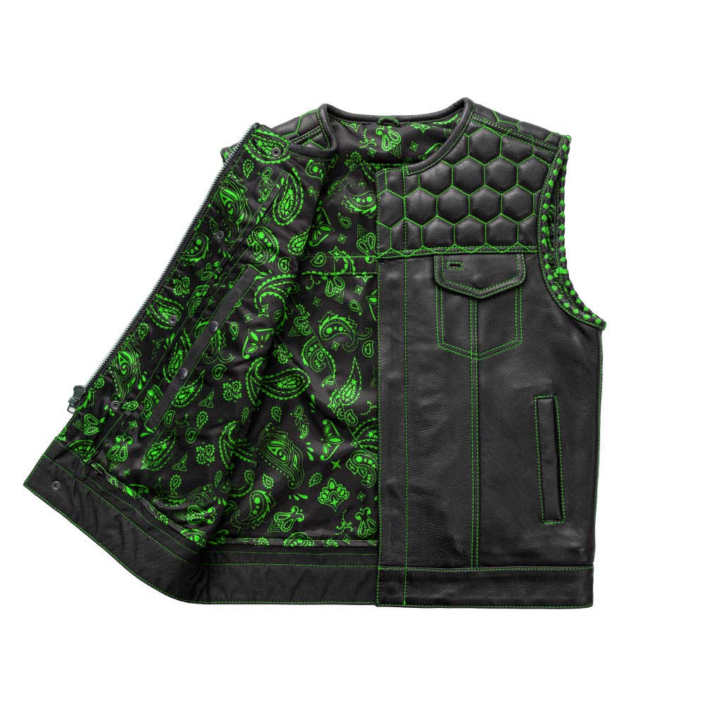 Men's Leather Vest Green paisley lining & Green Thread Concealed Waistcoat