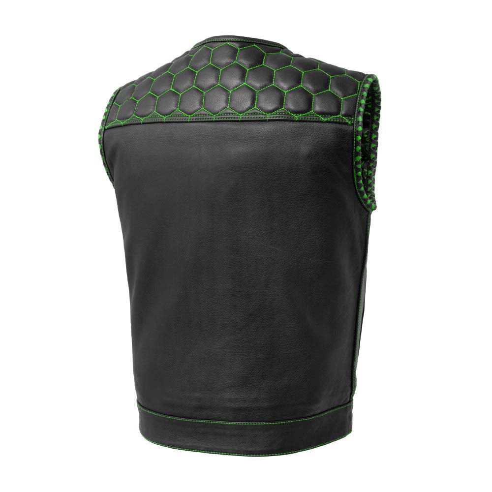 Men's Leather Vest Green paisley lining & Green Thread Concealed Waistcoat