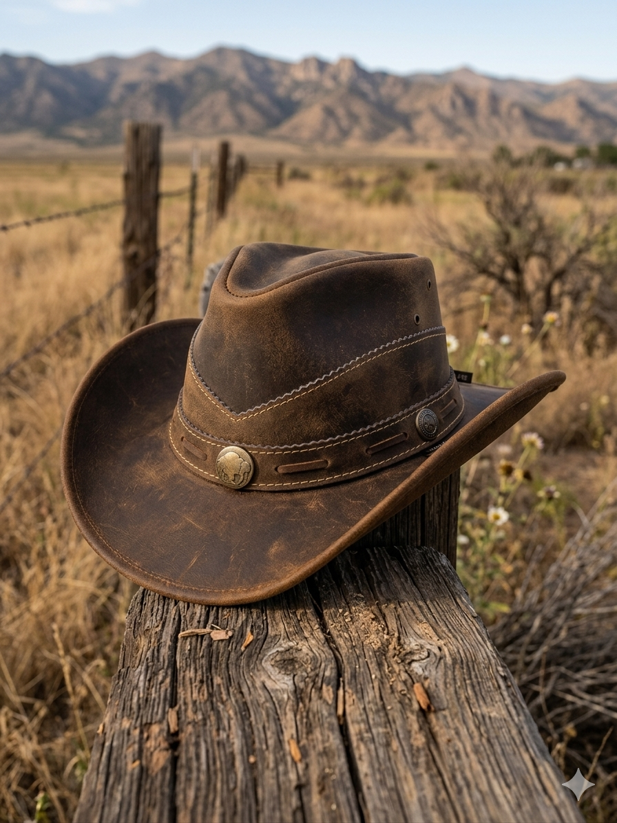 Distressed Brown Leather Cowboy Hat – Western Outback Wide Brim Ranch Hat