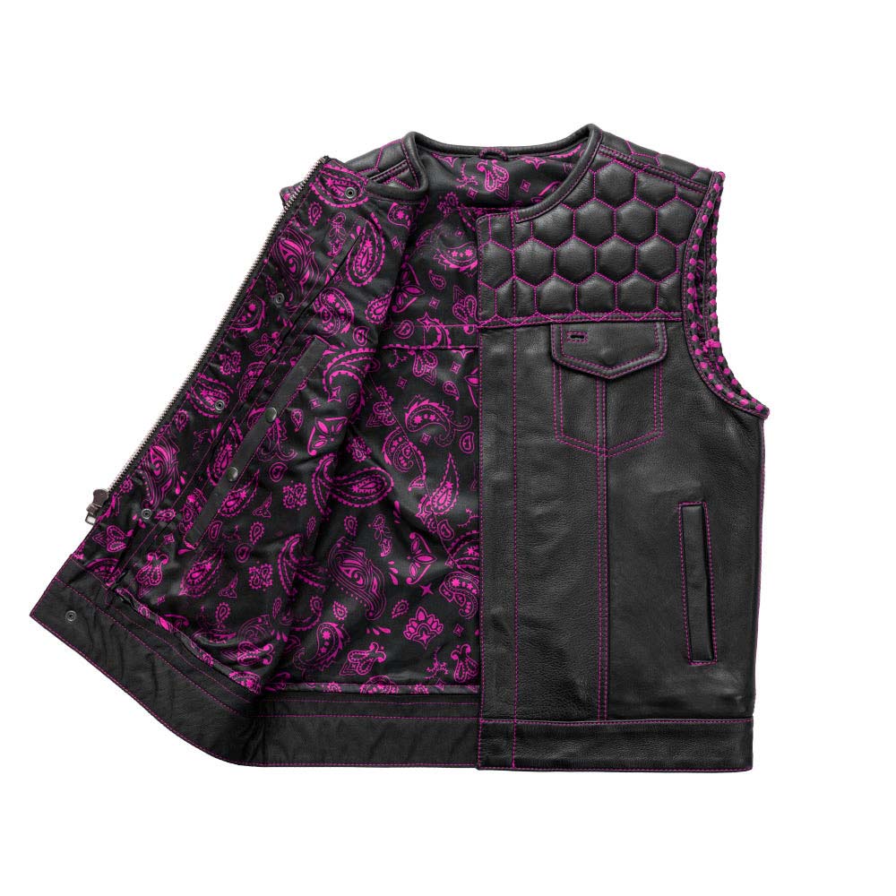 Men's Leather Vest Purple paisley lining & Purple Thread Concealed Waistcoat