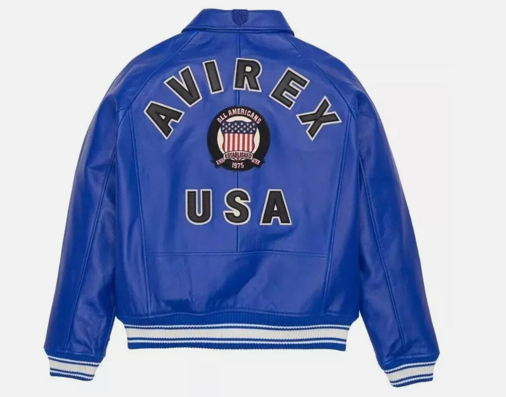 Avirex Men’s Blue American bomber Flight style Genuine Cowhide Leather Jacket